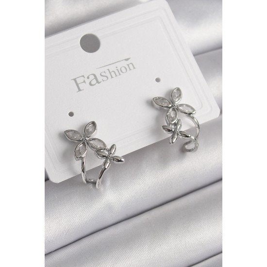 Pirinç Gümüş Renk Zirkon Taşlı 2'Li Çiçek Model Kadın Küpe