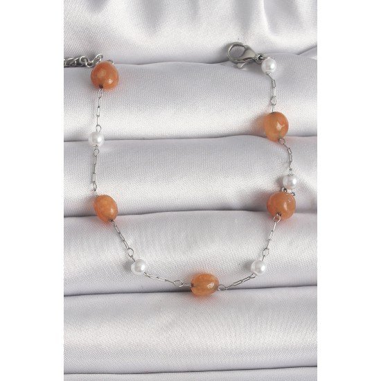 316L Çelik Gümüş Renk Turuncu Doğaltaş Model İnci Detay Kadın Bileklik 316L Çelik Gümüş Renk Turuncu Doğaltaş Model İnci Detay Kadın Bileklik