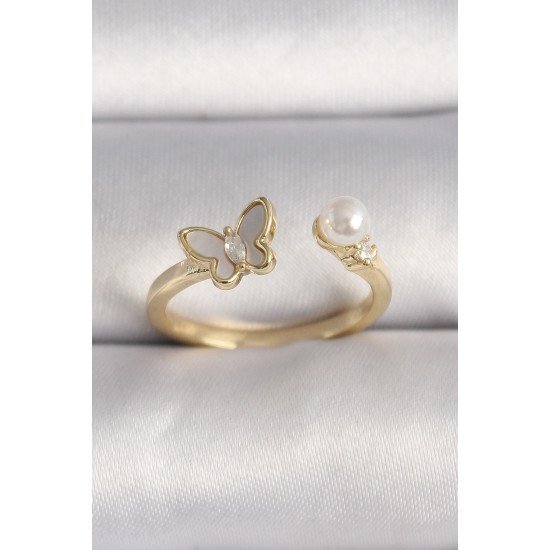 Pirinç Gold Renk Zirkon Taş Detaylı Beyaz Mineli Kelebek Model İnci Detay Ayarlanabilir Yüzük Pirinç Gold Renk Zirkon Taş Detaylı Beyaz Mineli Kelebek Model İnci Detay Ayarlanabilir Yüzük