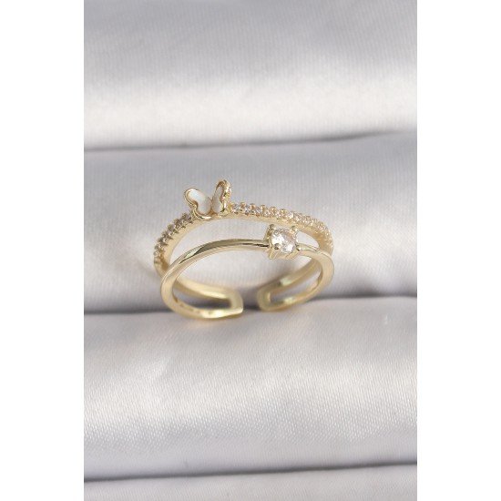 Pirinç Gold Renk Zirkon Taş Detaylı Kelebek Figür Ayarlanabilir Yüzük Pirinç Gold Renk Zirkon Taş Detaylı Kelebek Figür Ayarlanabilir Yüzük