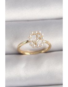 Pirinç Gold Renk Zirkon Taş Detaylı İncili Ayarlanabilir Yüzük