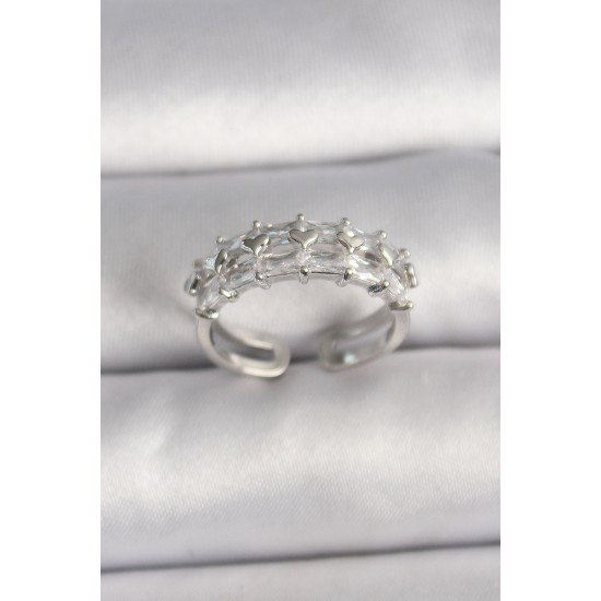 Pirinç Gümüş Renk Zirkon Taşlı Ayarlanabilir Yüzük Pirinç Gümüş Renk Zirkon Taşlı Ayarlanabilir Yüzük