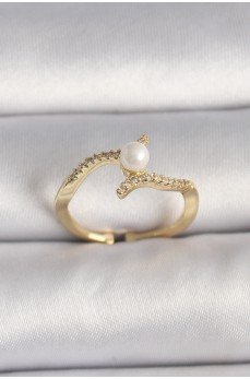 Pirinç Gold Renk Zirkon Taşlı İncili Ayarlanabilir Yüzük