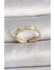 Pirinç Gold Renk Zirkon Taşlı Beyaz Mineli Ayarlanabilir Yüzük