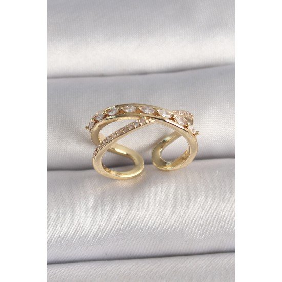 Pirinç Gold Renk Zirkon Taşlı Ayarlanabilir Kadın Yüzük