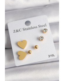 316L Çelik Gold Renk Zirkon Taşlı Kalpli Kadın Küpe Seti