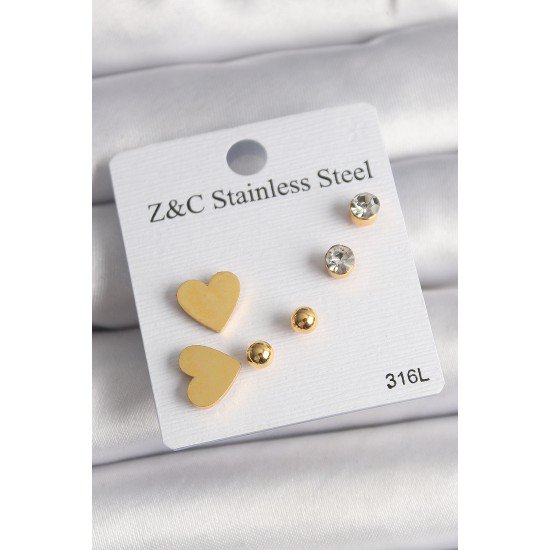 316L Çelik Gold Renk Zirkon Taşlı Kalpli Kadın Küpe Seti 316L Çelik Gold Renk Zirkon Taşlı Kalpli Kadın Küpe Seti