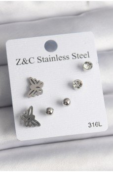 316L Çelik Gümüş Renk Zirkon Taşlı Kelebek Model Kadın Küpe Seti