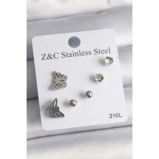 316L Çelik Gümüş Renk Zirkon Taşlı Kelebek Model Kadın Küpe Seti 316L Çelik Gümüş Renk Zirkon Taşlı Kelebek Model Kadın Küpe Seti