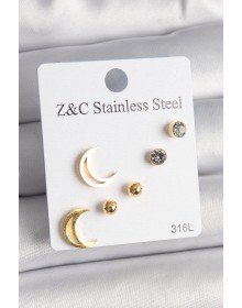 316L Çelik Gold Renk Zirkon Taşlı Hilal Model Kadın Küpe Seti