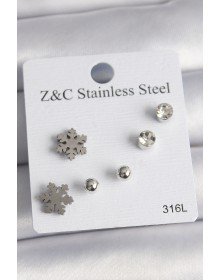 316L Çelik Gümüş Renk Zirkon Taşlı Kar Tanesi Model Kadın Küpe Seti