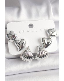 Gümüş Renk Yonca Kalp Deniz Kabuğu Figür CCB Kadın Küpe Seti