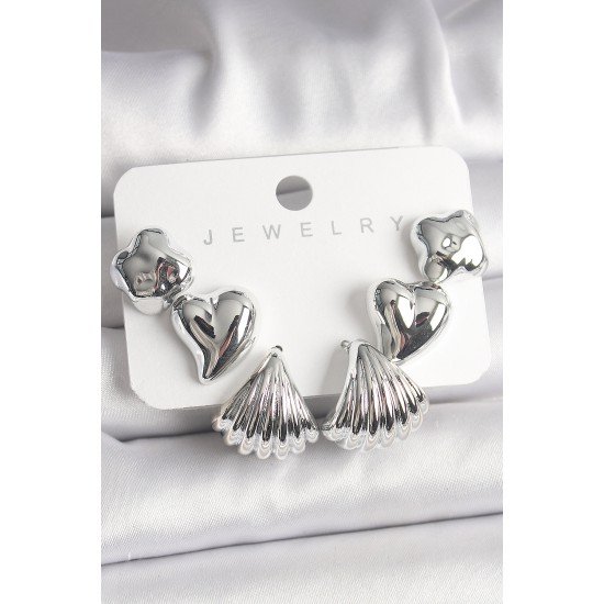 Gümüş Renk Yonca Kalp Deniz Kabuğu Figür CCB Kadın Küpe Seti Gümüş Renk Yonca Kalp Deniz Kabuğu Figür CCB Kadın Küpe Seti