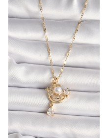 316L Gold Renk Zirkon Taşlı Ay Yıldız Model Sallantı Detay Kadın Kolye