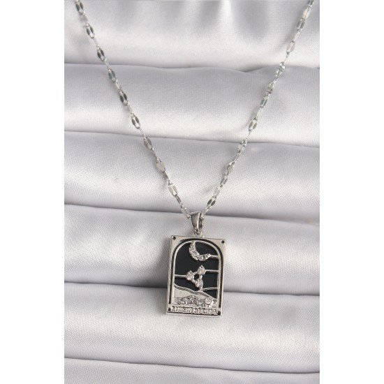 316L Çelik Gümüş Renk Zirkon Taşlı Ay Figürlü Taror Model Kadın Kolye 316L Çelik Gümüş Renk Zirkon Taşlı Ay Figürlü Taror Model Kadın Kolye