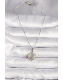 316L Çelik Gümüş Renk Zirkon Taşlı Pembe Sedefli Hilal Model Kadın Kolye