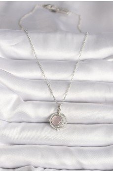 316L Çelik Gümüş Renk Zirkon Taşlı Pembe Sedefli Hilal Model Kadın Kolye