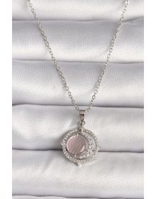 316L Çelik Gümüş Renk Zirkon Taşlı Pembe Sedefli Hilal Model Kadın Kolye