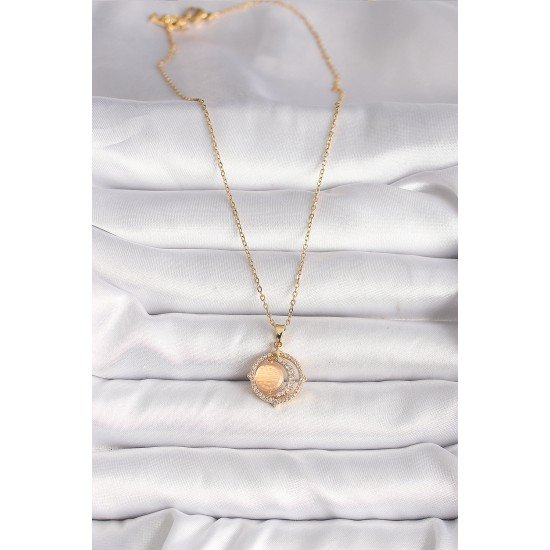 316L Çelik Gold Renk Zirkon Taşlı Turuncu Sedefli Hilal Model Kadın Kolye 316L Çelik Gold Renk Zirkon Taşlı Turuncu Sedefli Hilal Model Kadın Kolye