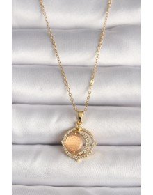 316L Çelik Gold Renk Zirkon Taşlı Turuncu Sedefli Hilal Model Kadın Kolye