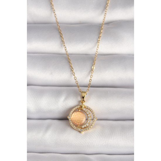 316L Çelik Gold Renk Zirkon Taşlı Turuncu Sedefli Hilal Model Kadın Kolye 316L Çelik Gold Renk Zirkon Taşlı Turuncu Sedefli Hilal Model Kadın Kolye