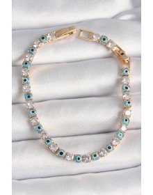 Pirinç Gold Renk Su Yolu Zirkon Taşlı Nazar Boncuklu Kadın Bileklik