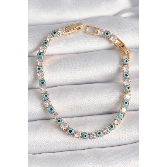 Pirinç Gold Renk Su Yolu Zirkon Taşlı Nazar Boncuklu Kadın Bileklik Pirinç Gold Renk Su Yolu Zirkon Taşlı Nazar Boncuklu Kadın Bileklik