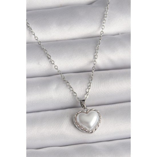 316L Çelik Gümüş Renk Zincir 3D İnci Kalp Model Kadın Kolye