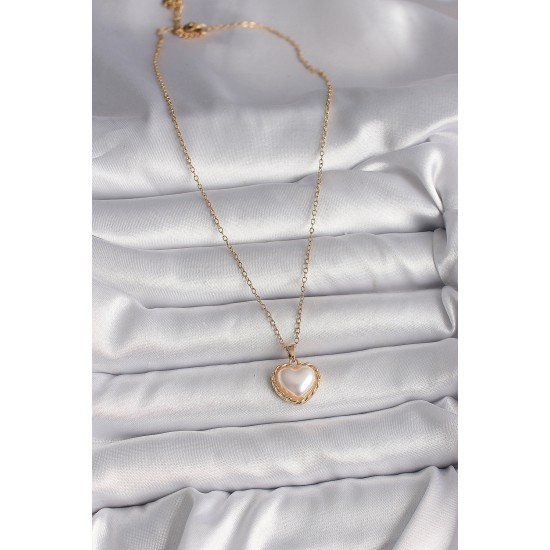 316L Çelik Gold Renk Zincir 3D İnci Kalp Model Kadın Kolye