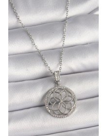 316L Çelik Gümüş Renk Zincir Zirkon Taşlı Lotus Model Kadın Kolye