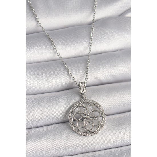 316L Çelik Gümüş Renk Zincir Zirkon Taşlı Lotus Model Kadın Kolye