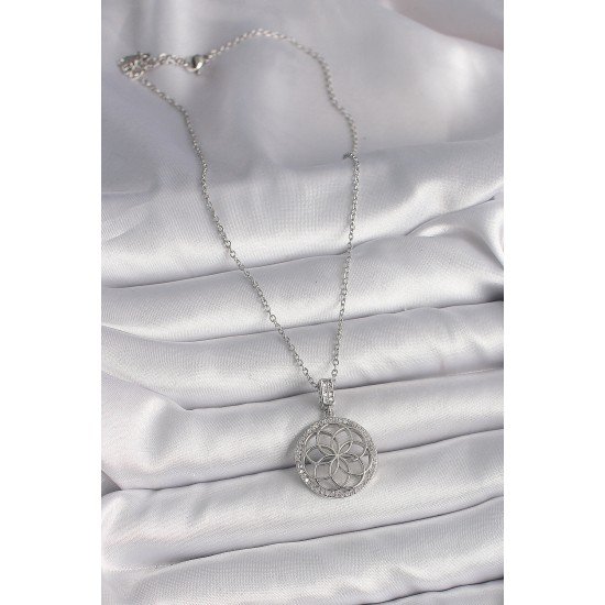 316L Çelik Gümüş Renk Zincir Zirkon Taşlı Lotus Model Kadın Kolye