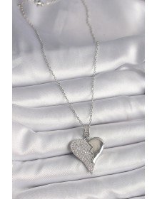316L Çelik Gümüş Renk Zincir Zirkon Taşlı Kırık Kalp Model Kadın Kolye