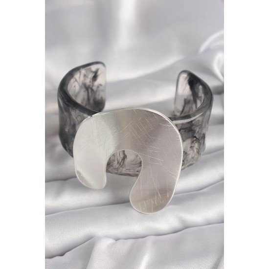 Siyah Mermer Desen Akrilik Plaka Vintage Kadın Bilezik