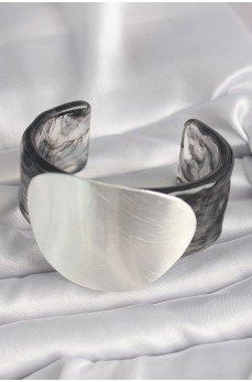 Siyah Mermer Desen Akrilik Pilastik Gümüş Plaka Model Vintage Kadın Bilezik