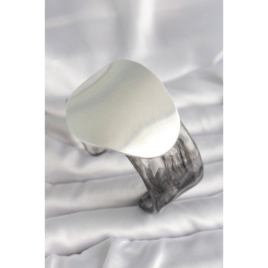 Siyah Mermer Desen Akrilik Pilastik Gümüş Plaka Model Vintage Kadın Bilezik