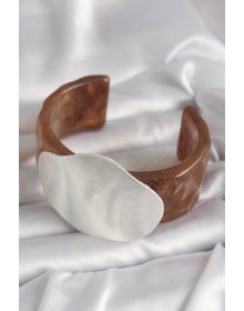 Kahverengi Mermer Desen Akrilik Plastik Gümüş Plaka Model Vintage Kadın Bilezik