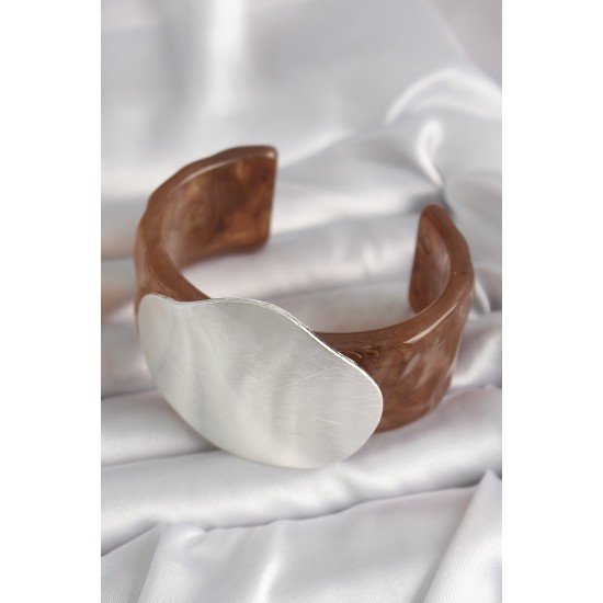 Kahverengi Mermer Desen Akrilik Plastik Gümüş Plaka Model Vintage Kadın Bilezik Kahverengi Mermer Desen Akrilik Plastik Gümüş Plaka Model Vintage Kadın Bilezik