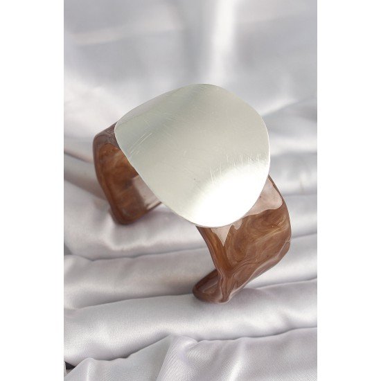 Kahverengi Mermer Desen Akrilik Plastik Gümüş Plaka Model Vintage Kadın Bilezik Kahverengi Mermer Desen Akrilik Plastik Gümüş Plaka Model Vintage Kadın Bilezik