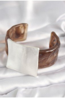 Kahverengi Mermer Desen Akrilik Plastik Gümüş Kare Plaka Model Vintage Kadın Bilezik