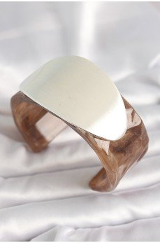 Kahverengi Mermer Desen Akrilik Plastik Gümüş Oval Plaka Model Vintage Kadın Bilezik