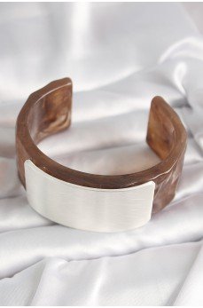 Kahverengi Mermer Desen Akrilik Plastik Gümüş Dikdörtgen Plaka Vintage Kadın Bilezik