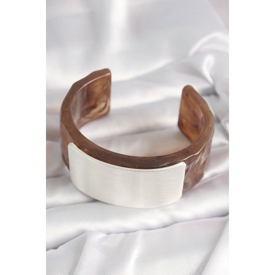 Kahverengi Mermer Desen Akrilik Plastik Gümüş Dikdörtgen Plaka Vintage Kadın Bilezik Kahverengi Mermer Desen Akrilik Plastik Gümüş Dikdörtgen Plaka Vintage Kadın Bilezik