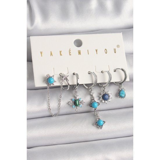 Pirinç Gümüş Renk Zirkon Taş Detaylı Mavi Boncuklu Çiçek Model VIP Seri Kadın Küpe Kombini Pirinç Gümüş Renk Zirkon Taş Detaylı Mavi Boncuklu Çiçek Model VIP Seri Kadın Küpe Kombini