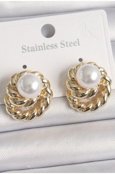 Pirinç Gold Renk İncili Sarmal Burgu Model Kadın Küpe