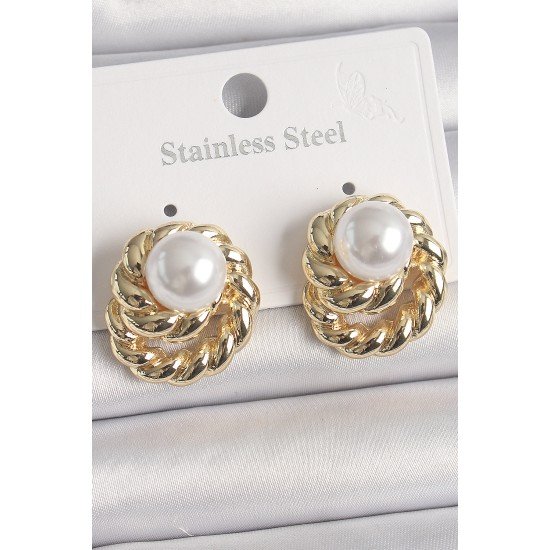 Pirinç Gold Renk İncili Sarmal Burgu Model Kadın Küpe Pirinç Gold Renk İncili Sarmal Burgu Model Kadın Küpe