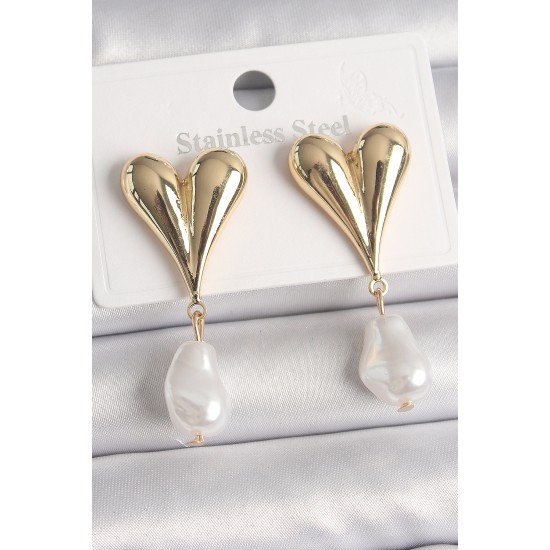 Pirinç Gold Renk Kalp Model Sallantı İnci Damla Model Kadın Küpe Pirinç Gold Renk Kalp Model Sallantı İnci Damla Model Kadın Küpe