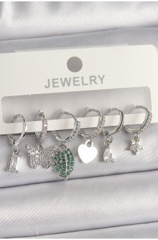 Pirinç Gümüş Renk Zirkon Taşlı Çoklu Figür Kadın Küpe Seti