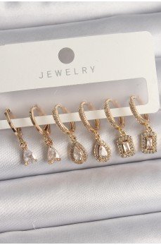 Pirinç Gold Renk Sallantı Zirkon Taşı Damla Model Kadın Küpe Seti