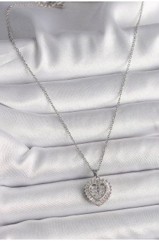 316L Çelik Gümüş Renk Zincir Zirkon Taşlı Kalp Model Kadın Kolye